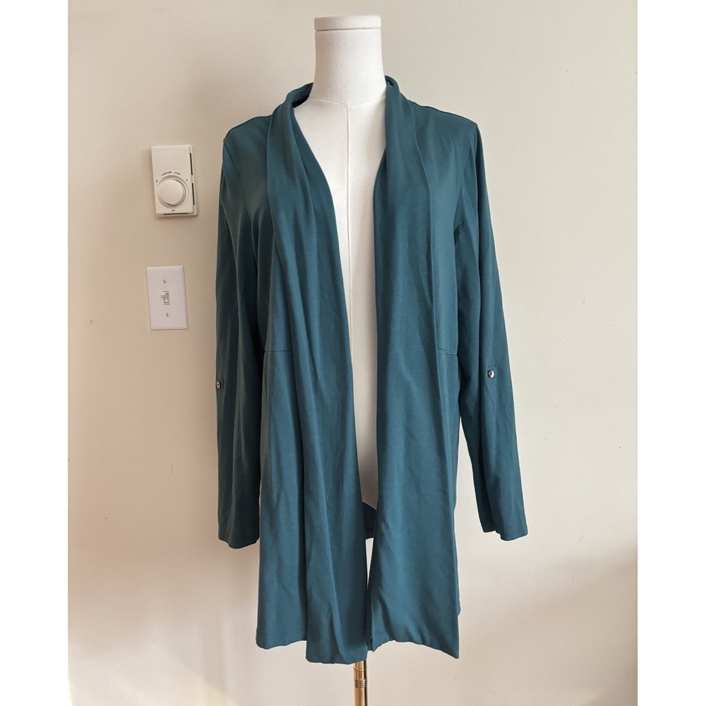 LL Bean Womens XL Open Front Cardigan Roll Tab Sleeve Green Teal Cotton Outdoor
